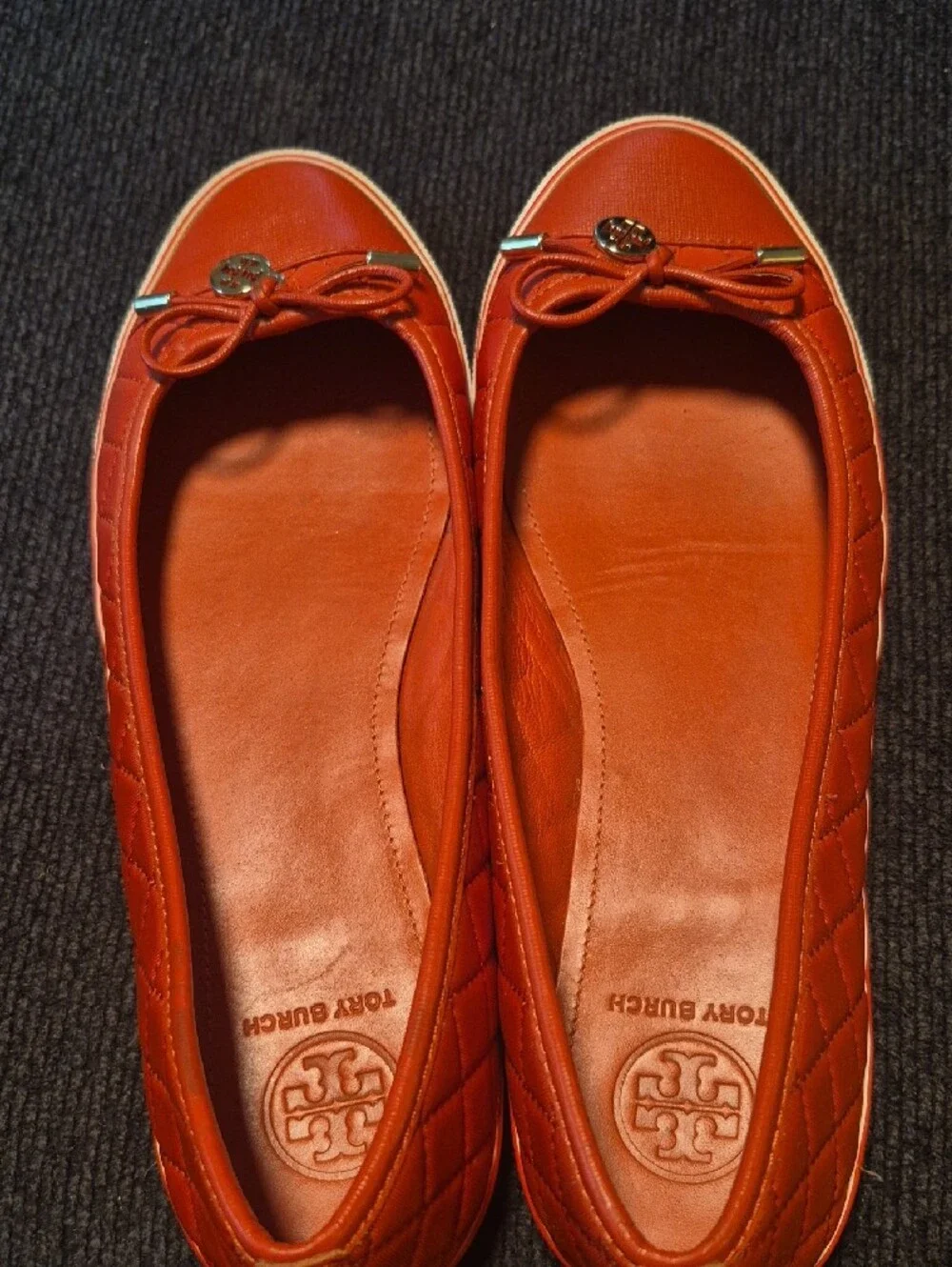 Tory Burch Orange-Red Leather Bow Ballet Flats with Logo Charm